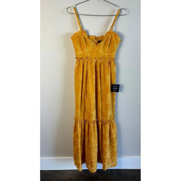 Lulus Charm and Charisma Spaghetti Straps Mustard Yellow Floral Midi Dress Sz XS - Picture 14 of 14